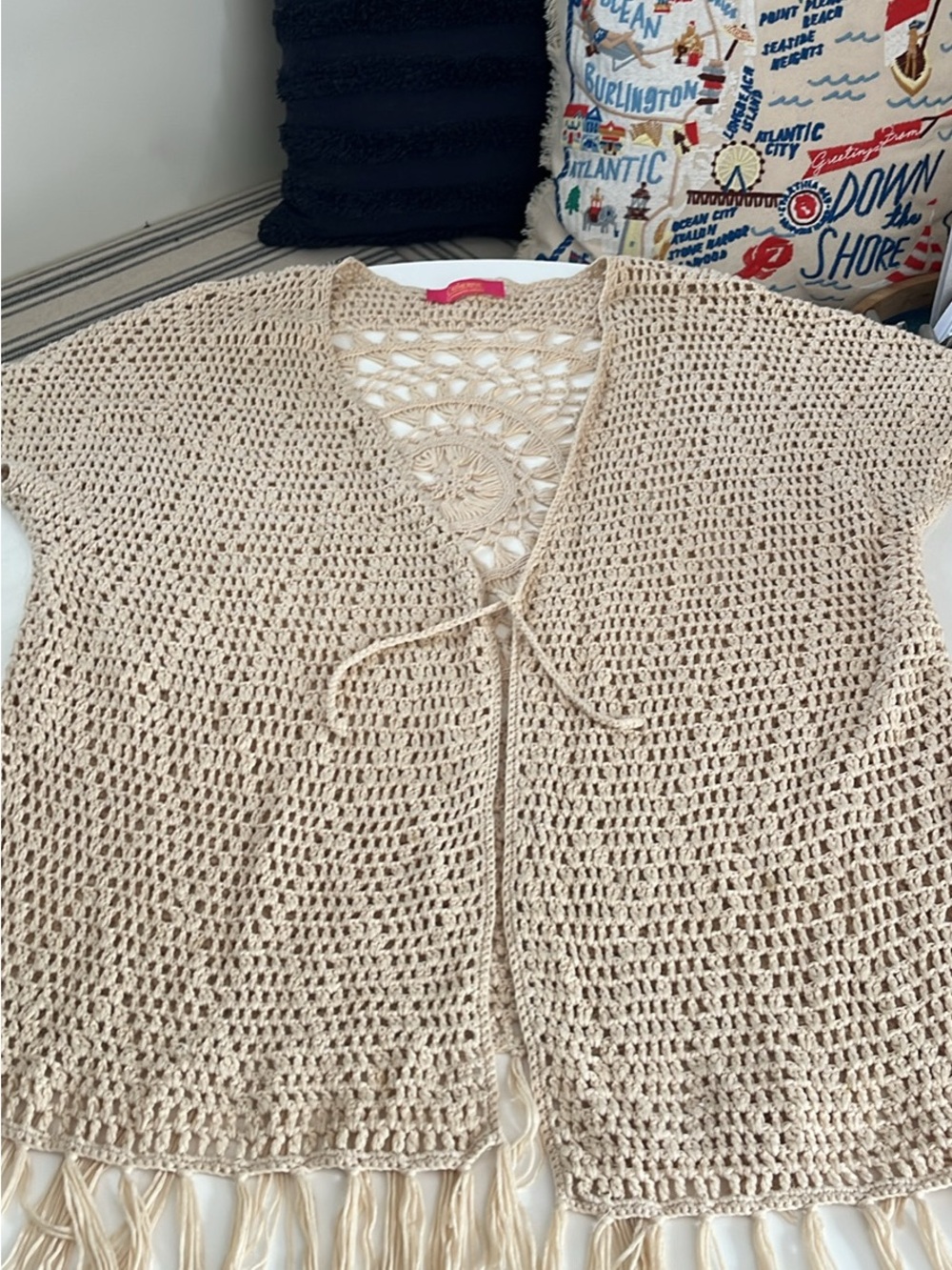 Katherine's Collection Beige Crochet Open Front Tunic with Fringe